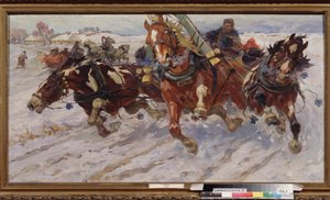 トロイカ (3 頭の馬のそり)。 Nikolai Semyonovich Samokish (1860-1944) の絵画、キャンバスに油彩 作： Nikolay Semenovich Samokish