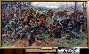 1915 年にドイツの砲兵隊に突撃するロシアの騎兵隊 (1915 年にドイツの砲兵隊に突撃するロシアの騎兵隊)。 Nikolai Yakovlevich Borisov (1873-1942) の絵画。 キャンバスに油彩、75 x 142 cm、20 世紀初頭のロシア美術。 州中央砲兵隊 作： Nikolay Yakovlevich Borisov