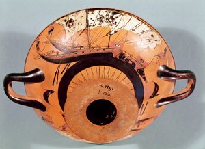 ギリシャの帆船を描いた屋根裏の黒像式杯、紀元前520年頃（陶器）