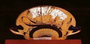 ギリシアの帆船を描いたアッティカの黒像杯の外側の詳細、紀元前520年頃（土器