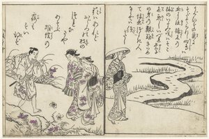 花のある風景の中のハイカー 作： Nishikawa Sukenobu (attributed to)