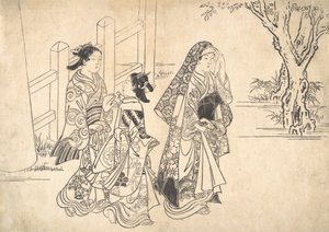娼婦の後に 2 人の少女アテンダントが続きます。 1690-1751。 作： Nishikawa Sukenobu