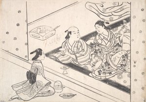 三味線を奏でる淑女と恋人と従者がそばにいる。 作： Nishikawa Sukenobu