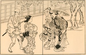 3人の女性と男性の召使い、1730年、1924年。 作： Nishikawa Sukenobu