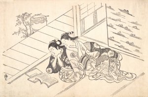 部屋の床に寄りかかって本を読む 2 人の女性。 1730年頃。 1730年。 作： Nishikawa Sukenobu