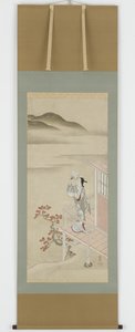 ベランダを眺めながらメープルを眺める若い女性、掛軸、17〜18世紀（紙にインクと色） 作： Nishikawa Sukenobu