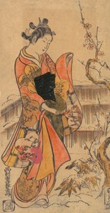 庭の若い女性。 作： Nishimura Shigenaga