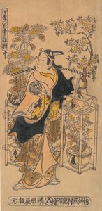 俳優の荻野伊三郎が巡回花売り役。 1738年頃。 1738年。 作： Nishimura Shigenobu