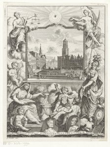 Stadsgezicht met Domkerk te Utrecht en allegorie met Utrechtse stedenmaagd タイトル: Elias de Vries, Dissertatio juridica, de jure naturale ac gentium, seu duobus アプリオリバス ジュリス フォンティバス, 1745. 作： Noach van der Meer (I)