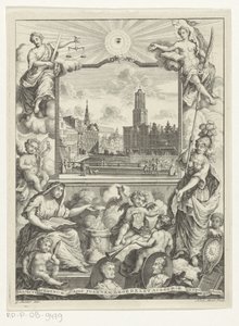 Stadsgezicht met Domkerk te Utrecht en allegorie met Utrechtse stedenmaagd タイトル: Elias de Vries, Dissertatio juridica, de jure naturale ac gentium, seu duobus アプリオリバス ジュリス フォンティバス, 1745. 作： Noach van der Meer (I)