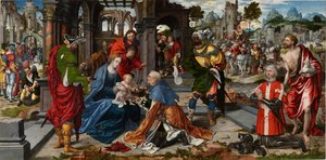 1530年頃、フィリップ・ド・ヴィリエ・ド・リル・アダムの寄贈者によるマギの礼拝（オークのパネルに油彩） 作： Noel Bellemare