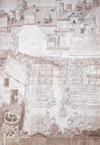 建物に囲まれたパルテールとぶどうの木のパーゴラのあるタウンハウスの庭、1677年頃（ペンと茶色のインク、茶色のウォッシュ