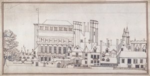 ホルベイン門とイニゴ・ジョーンズの宴会場のあるホワイトホール、1677年頃（ペンと茶色のインク、灰色のウォッシュ