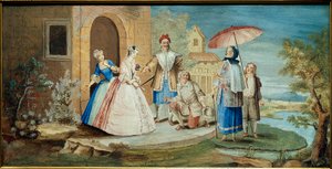 コメディアンで劇作家のJean Baptiste Poquelin dit Moliere（片膝を地面につけている）と1668年の作品「Georges Dandin ou le mari confused」に登場するコメディアンたち。クリスマスの絵 コイペル（1628-1707） 1668年 コレクション ジャック・ローシー 作： Noël Coypel
