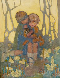 子猫と姉妹（キャンバスに油彩） 作： Norah Neilsen Gray
