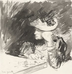 麦わら帽子をかぶった女性が思慮深くテーブルに座る 作： Norbert Goeneutte