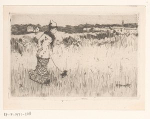 風景の中で犬と一緒に歩く女性 作： Norbert Goeneutte