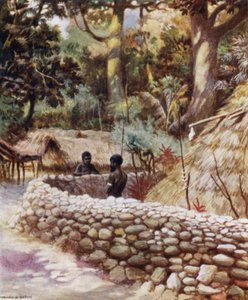 ニューヘブリディーズ諸島・アンブリンの酋長の家（カラーリトグラフ 作： Norman Hardy