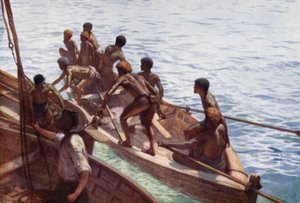 ニューヘブリディーズ諸島のコプラ・ボーイズ・オフ・ザ・ショア（カラーリトグラフ 作： Norman Hardy