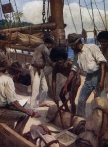 イギリス領ニューギニア、貿易船から出る金鉱夫たち（カラーリトグラフ 作： Norman Hardy