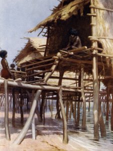 英領ニューギニア・ポートモレスビーのハヌアバダの杭上住居にて（カラーリトグラフ 作： Norman Hardy