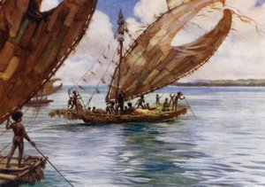 イギリス領ニューギニアの大型貿易カヌー（カラーリトグラフ 作： Norman Hardy