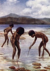 英領ニューギニアのサマリ、干潮時のリーフで小さなタコを探す（カラーリトグラフ 作： Norman Hardy