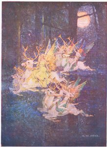 The Fairy Love: 森の向こうに月がちらりと見えた、そこにFaysが前進しているのが見えた (color litho) 作： Norman Mills Price