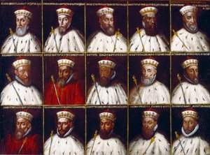 ゲネス共和国の紋章とドージェの肖像画。Gaspare Grimaldi Bracelli, Luca Spinola, Giacomo Promontorio, Agostino Pinello Ardimenti, Pietro Giovanni Chiavica, Girolamo Vivaldi, Paolo Battista Giudice, Battista Cicala Zoaglio, Giovan 作： Northern Italian School