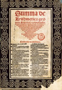 ルカ・パチョリの「Summa Arithmetica」。 作： Northern Italian School