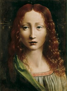 ロンバルディア派の絵画「救世主」。15世紀末。木に油彩。25 cm x 18,5 cm。マドリッド。ラザロ・ガルディアーノ財団。 作： Northern Italian School