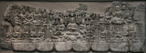 壁の彫刻：仏と菩薩の天国の集まり、河北省Handan、550-577（石灰岩、色素の痕跡）