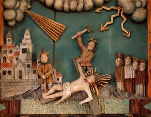 イエスが十字架に釘付けにされている、祭壇画の詳細 作： Norwegian School