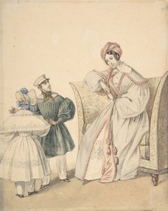 男の子と女の子と一緒に椅子に座っている女性のファッションドローイング、19世紀。 作： Numa Bassaget