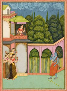 クリシュナは <em>Rasikpriya</em> から Radha, folio に近づきます 作： Nuruddin