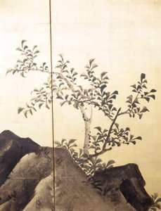 風景の中の虎（金箔に墨と彩色） 作： Obun Kunii