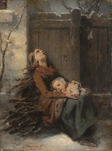 冬に眠っている子供を抱きしめる極貧の死んだ母親 作： Octave Tassaert