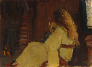 暖炉のそばで髪を乾かす 作： Oda Krohg