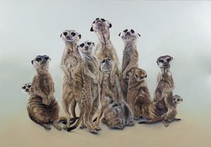 ミーアキャットの群れ、太陽の天使たち、2013年（ジェッソ加工した木にアクリル絵の具） 作： オディール・キッド