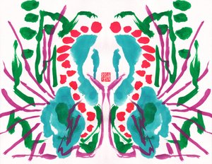 ピーコック・グリーン・レッド・フローラル・パターン、2023年（紙にグワッシュ、デジタル） 作： Odilia W. Y. Fu