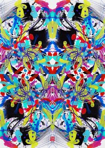 Zen Ink 青 赤 黄 花模様、2023 （アクリル、紙、デジタル） 作： Odilia W. Y. Fu
