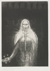 彼は右手に七つの星を持っていた。 そして彼の口から鋭いもろ刃の剣が出てきた 作： Odilon Redon