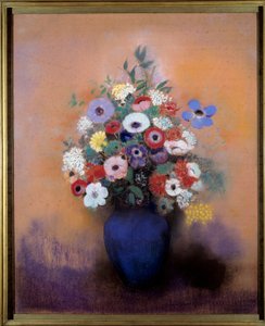 オディロン・ルドン（1840-1916）の「青い花瓶の中のアネモネとライラック」。 作： Odilon Redon
