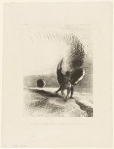 影の翼の下で黒い生き物が精力的に噛んでいた、プレート 4/6 作： Odilon Redon