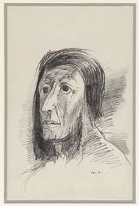 大きく開いた目を持つ黒い髪のフレームの頭 作： Odilon Redon