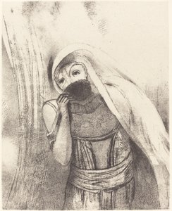 彼女は胸から完全に黒いスポンジを取り出し、キスで覆います。 作： Odilon Redon