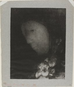 花のコサージュを持つ女性の頭 作： Odilon Redon