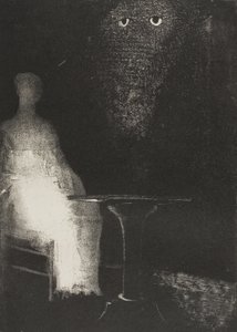 私は椅子を見つめ続け、その上に人間の姿の淡いブルーの霧のような輪郭を見たと思いました、プレート 1/6 作： Odilon Redon
