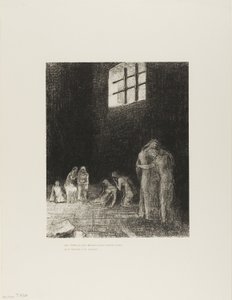 影の中にいる人々は、嘆き、祈り、励ましている他の人々に囲まれている、プレート 6/24 作： Odilon Redon