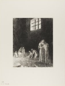 影の中にいる人々は、嘆き、祈り、励ましている他の人々に囲まれている、プレート 6/24 作： Odilon Redon